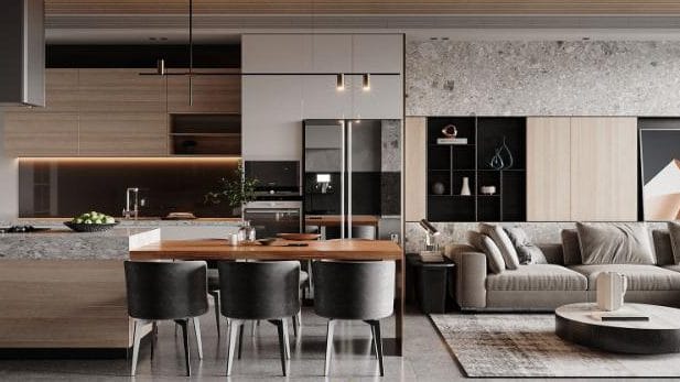 thiết kế nội thất phòng khách liền bếp