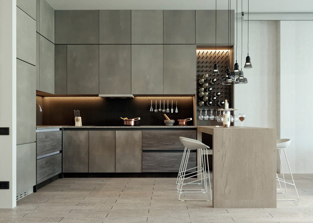 Mẫu tủ bếp chữ L gỗ MDF phủ Laminate